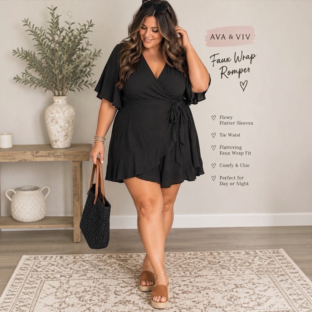 Ava & Viv 2X Black Faux Wrap Tie Waist Flutter Sleeve Romper NWT